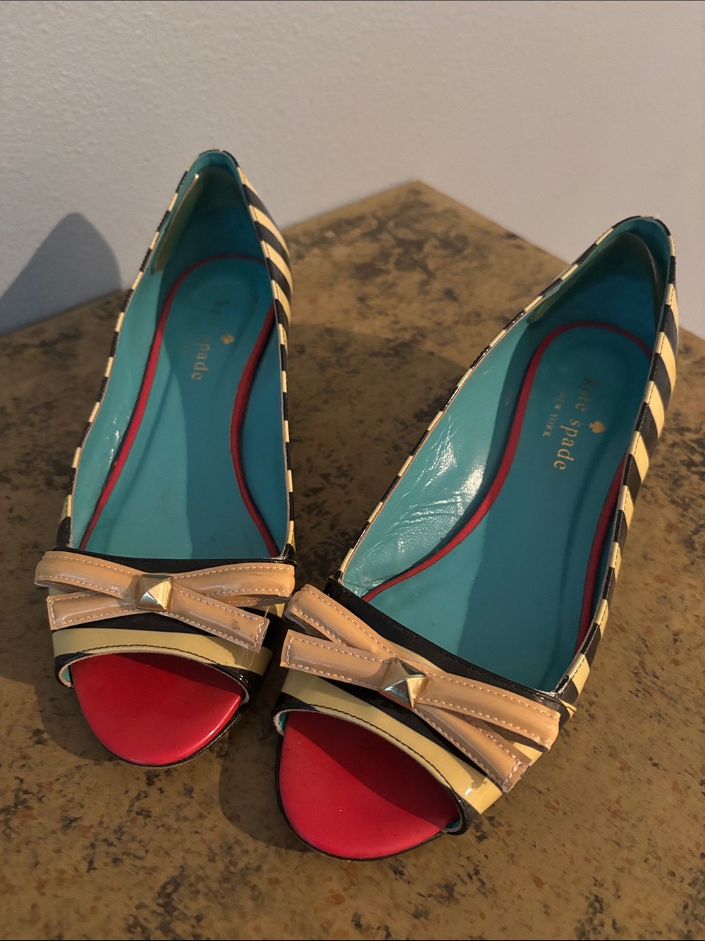 kate spade Black and Yellow Striped Open-Toe Flats with Beige Bow